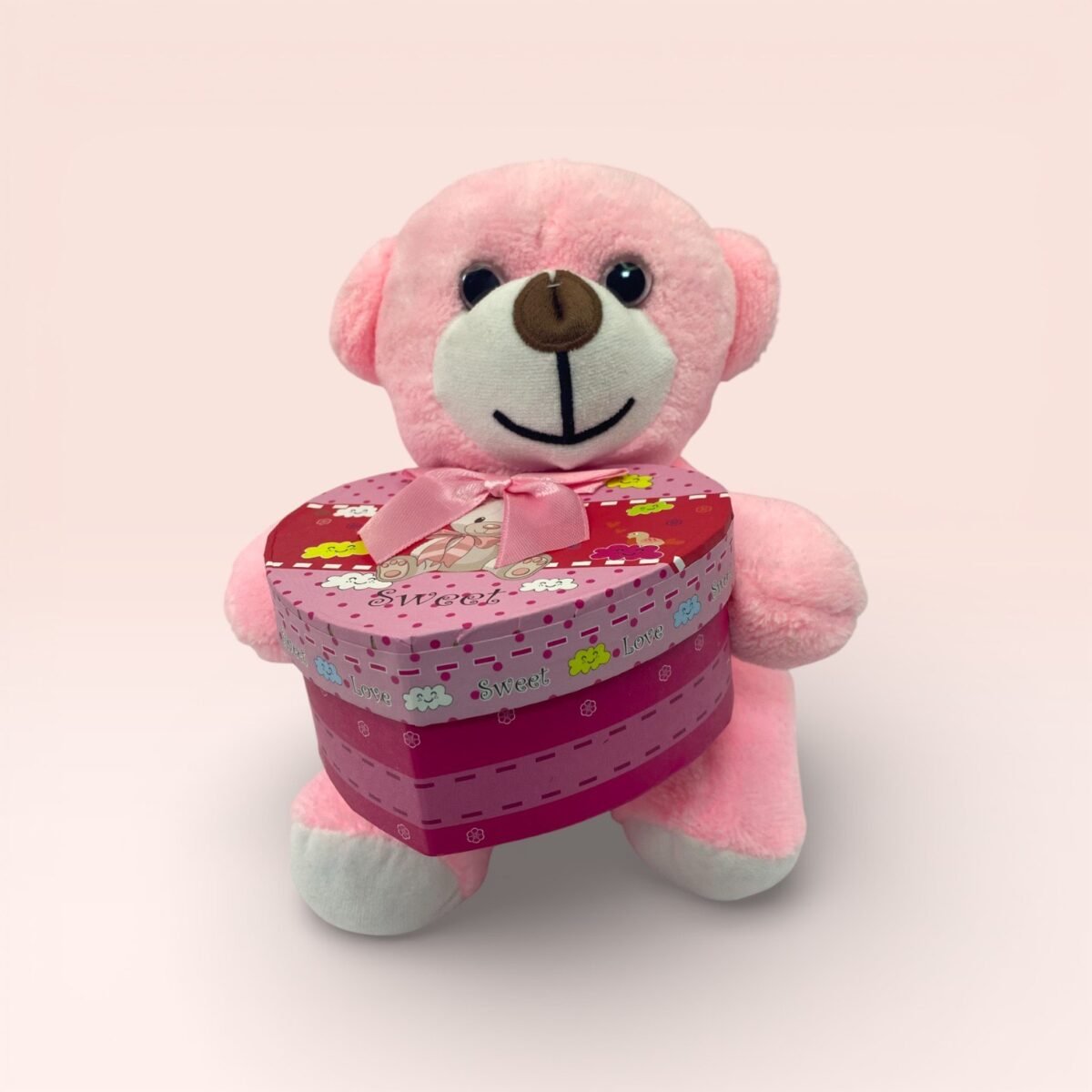 Kalp Kutulu Sevimli Pembe Peluş Ayıcık