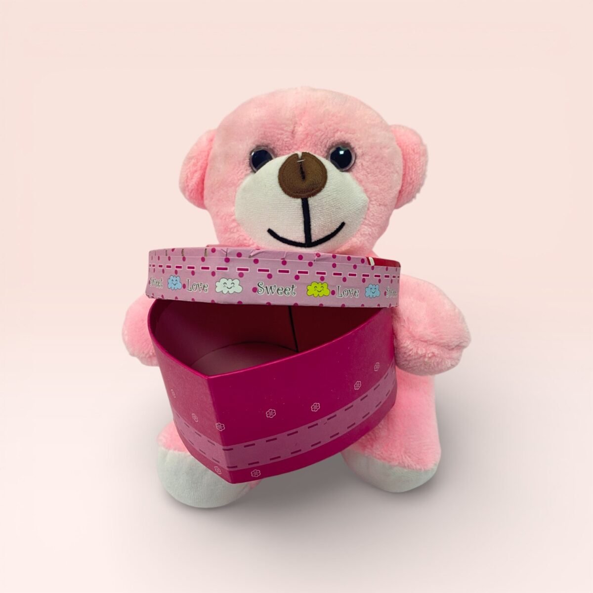 Kalp Kutulu Sevimli Pembe Peluş Ayıcık