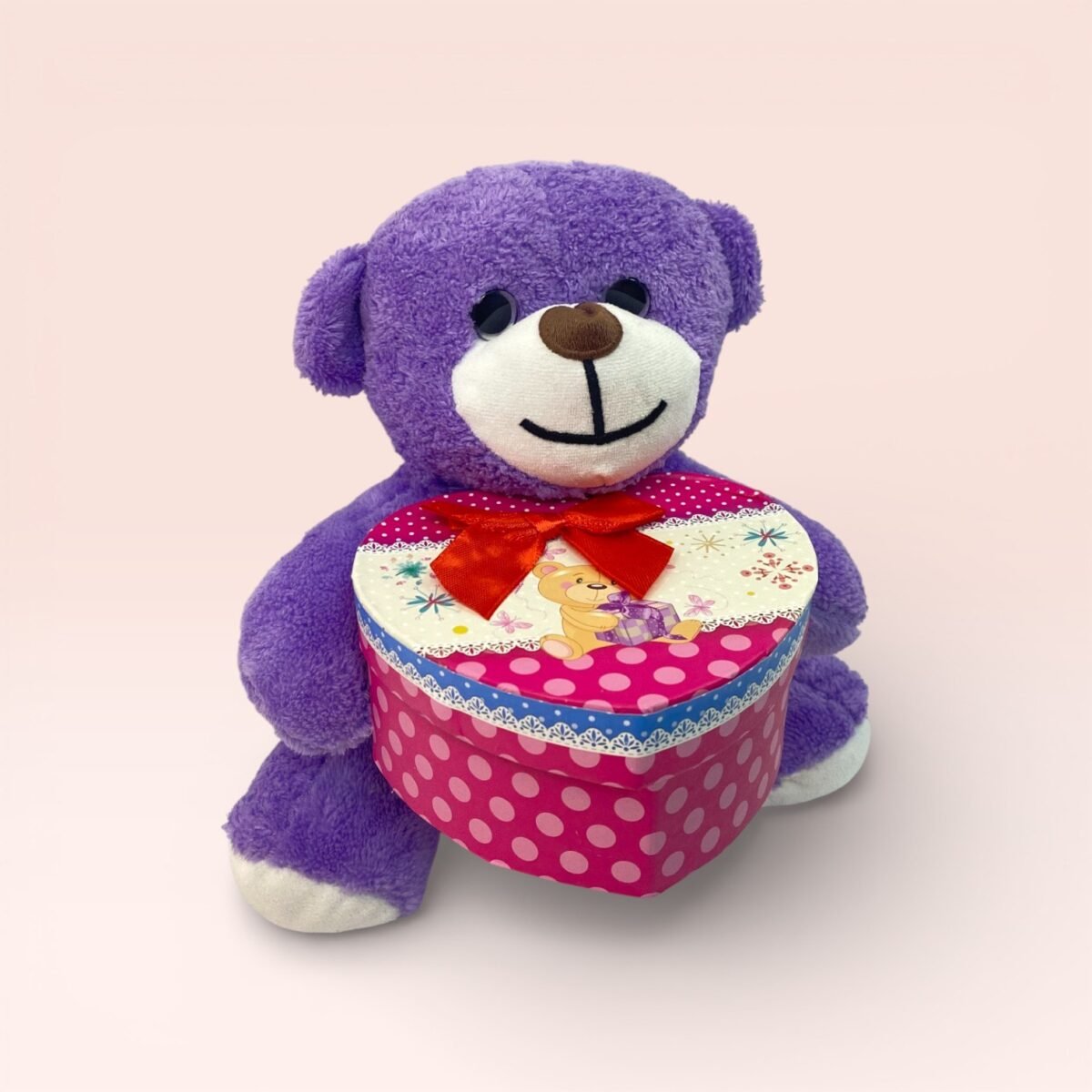 Kalp Kutulu Sevimli Mor Peluş Ayıcık